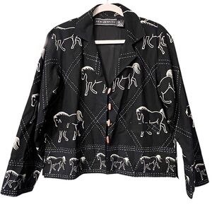 New Identity Black Horse Print Button-Up Lightweight Jacket Shirt (Size S)